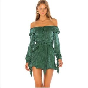 House of Harlow x Revolve | Sylvia Off Shoulder Tie Metallic Green Mini Dress M